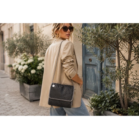 Stella McCartney Handbags - Stella McCartney Falabella Fold Over Crossbody Bag Black Silver Metallic Italian